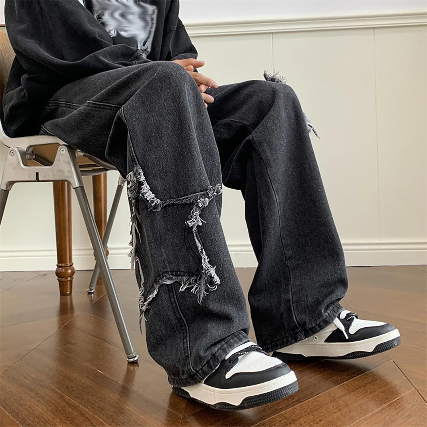 Men Y2k Baggy Straight-Leg Jeans Goth Star Graphic Casual Pants Hip-hop Rock Street Style Harajuku Clothing