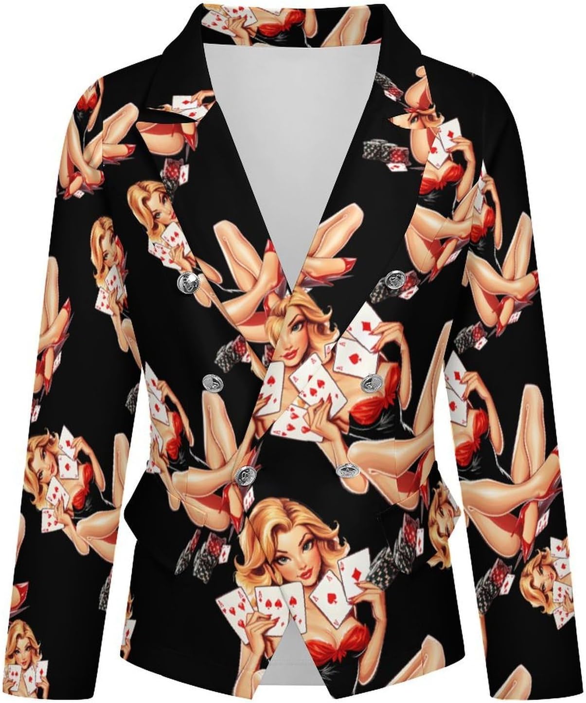 Aces Playing Cards Pinup Girl Women's Blazer Long Sleeve Suits Business Casual Blazers Jackets Lapel Open Front Suit