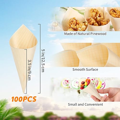 Miniatura 9 de Queekay 200 piezas desechables de madera conos de perlas, palillos de bambú para aperitivos, palillos de madera para alimentos, soporte para cono de