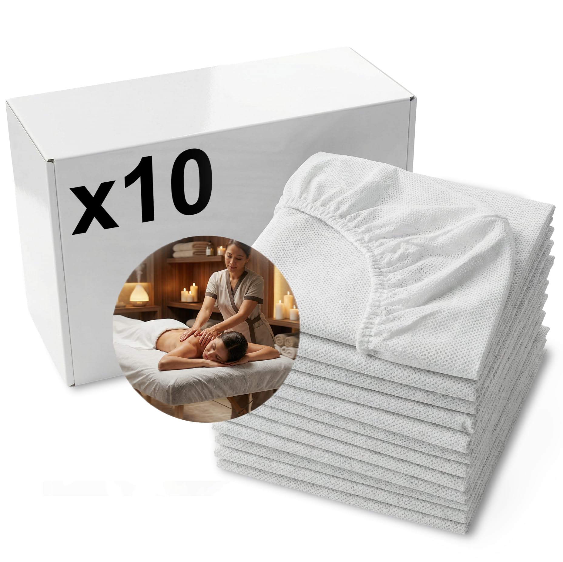 KMINA Copri Lettino Regolabile (10 Unità) 85 x 210 cm Bianco in Tessuto Non Tessuto Idrofobo con Elastico per Lettino da Massaggio Estetica e Tattoo
