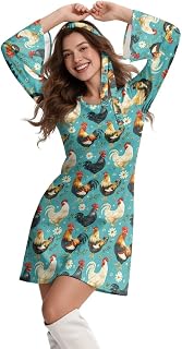 Women Casual Dress Set, Trendy A-Line Mini Dress, 2Pcs Bell Sleeve Midi Clothes with Headband for Carniva Party