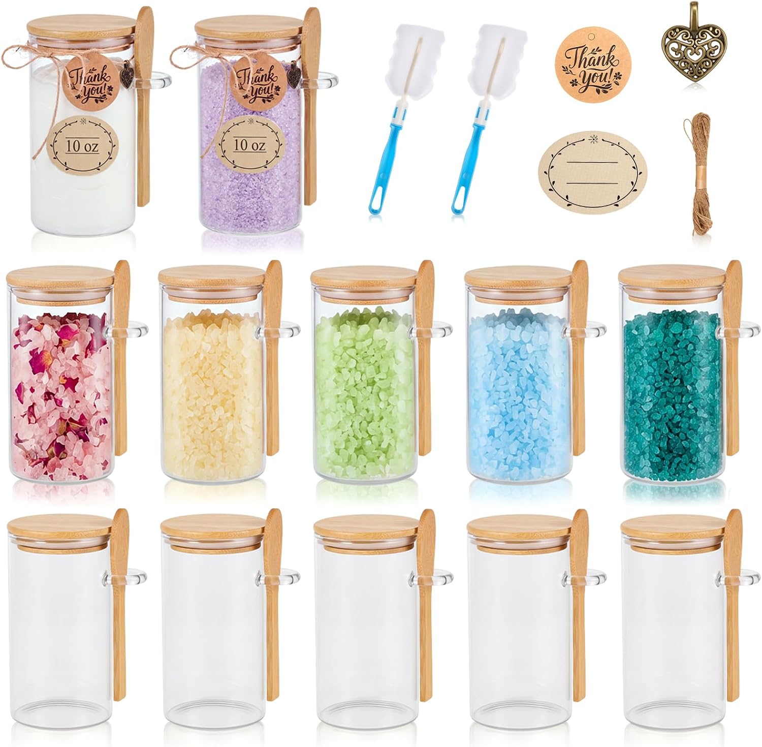 12 Set 7 oz Glass Body Butter Jars for Sugar Scrubs with Bamboo Lid & Spoon