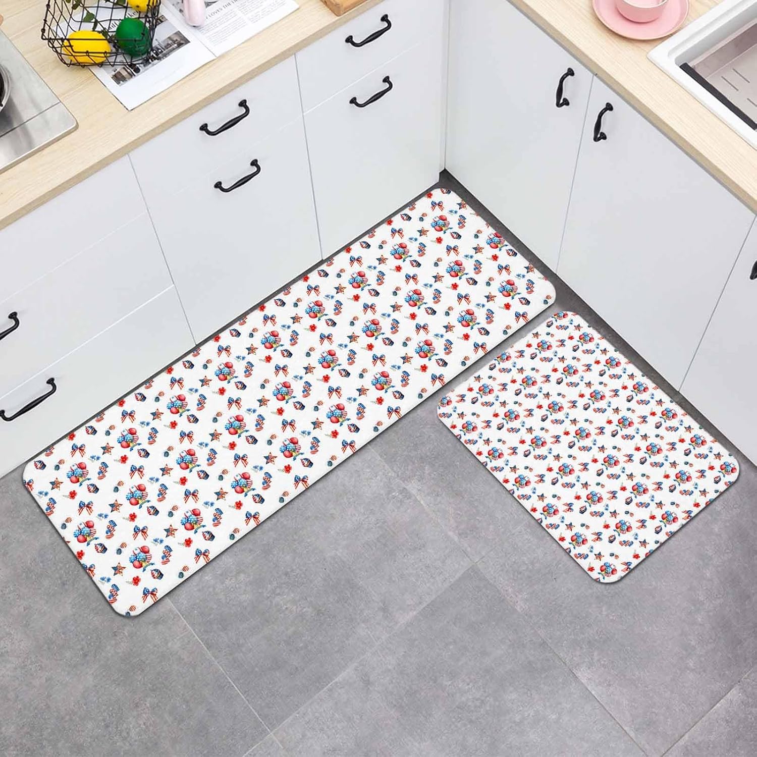 Prime Leader Independence Day Kitchen Mat Set 2 Pieces Blue Red Balloon Flower Ice Cream Abstract Non Slip Kitchen Rugs Washable Runner Rug Mats for Sink Laundry (15.7" x 23.6"+15.7" x 47.2")