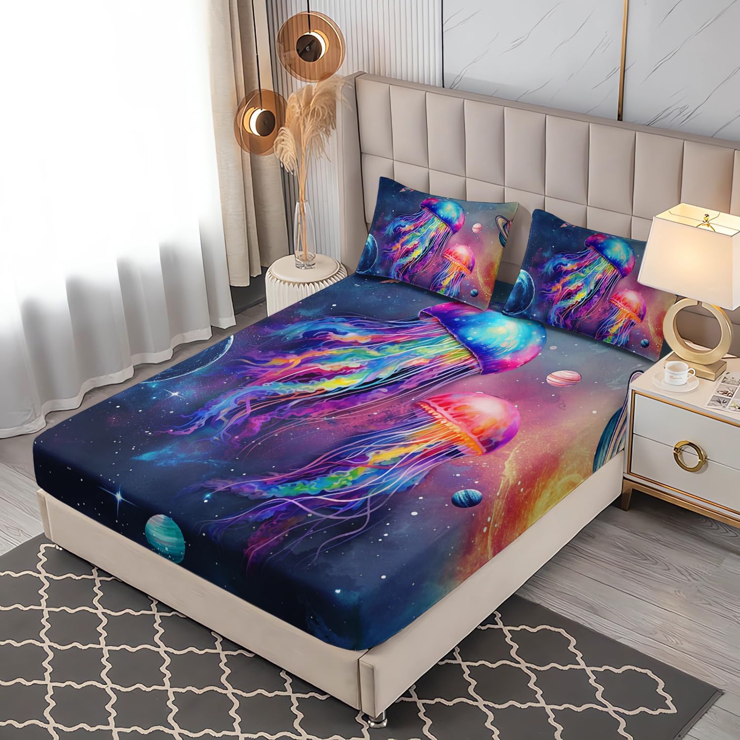Glowing Jellyfish Fitted Sheet Set Queen Size,Galaxy Space Planet Rocket Bedding Set for Kids Teens Boys Girls Room Decor,Universe Sea Creatures Bedding Sets,1 Fitted Sheet+2 Pillowcases.