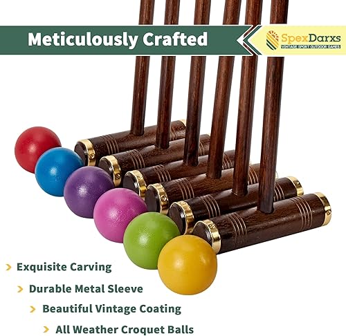 Miniatura 4 de Juego de croquet para seis jugadores, juego de croquet de 35 pulgadas con mazos de madera de primera calidad, bolas de colores, mechones, estacas,