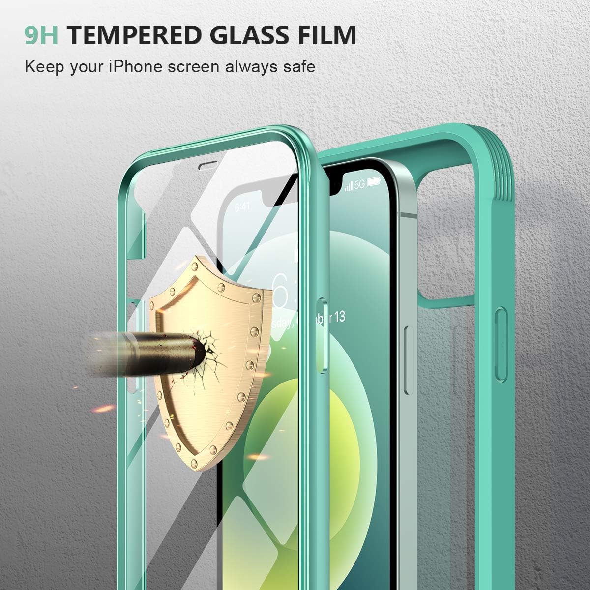Miracase Glass Case for iPhone 12/ iPhone 12 Pro 6.1 inch (2020), Full-Body Clear Bumper Case with Built-in 9H Tempered Glass Screen Protector for iPhone 12/ iPhone 12 Pro, Light Green