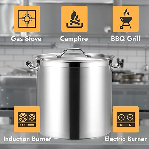 Miniatura 6 de CURTA Olla grande de 50 cuartos de galón con tapa, ancho inferior de 15.7 pulgadas, base revestida de 3 capas, acero inoxidable 188, lista NSF