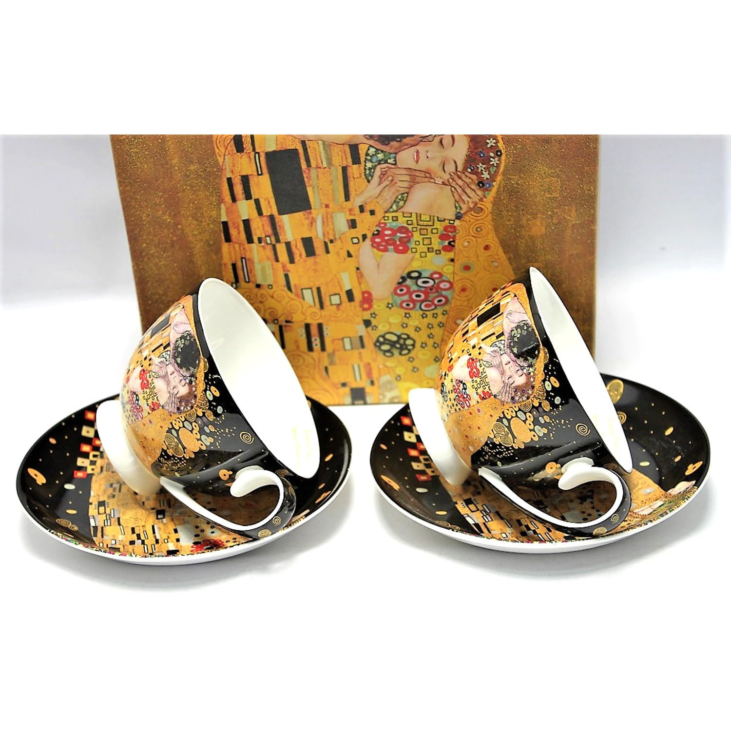 Set de 2 tasses en porcelaine Klimt The Kiss, 250 ml, porcelaine fine délicate | Boîte cadeau élégante | Motif artistique de Gustav Klimt avec boîte décorative pour les connaisseurs
