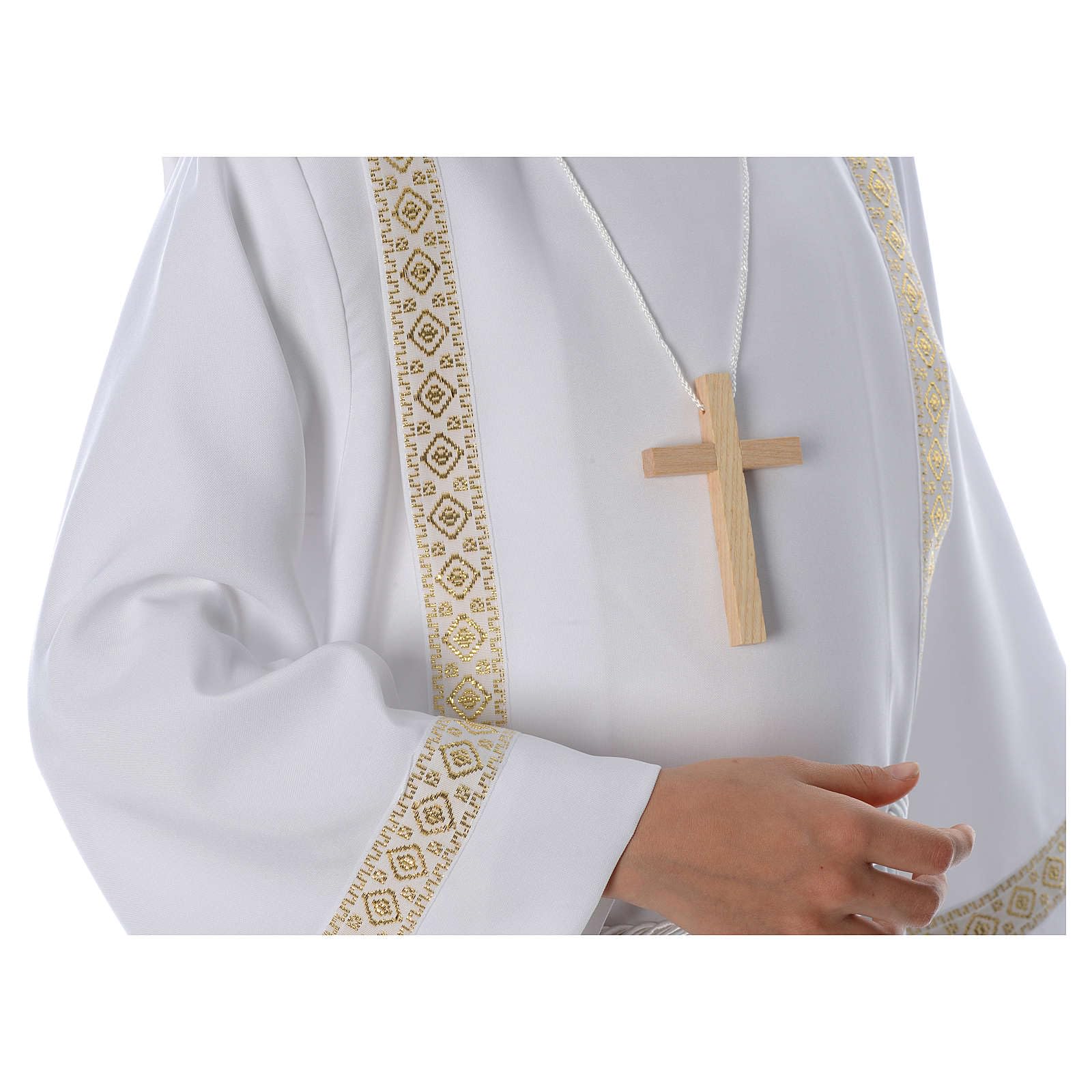 Holyart Abiti Prima Comunione: Saio Prima Comunione piegoni Bordo Dorato Davanti e Retro