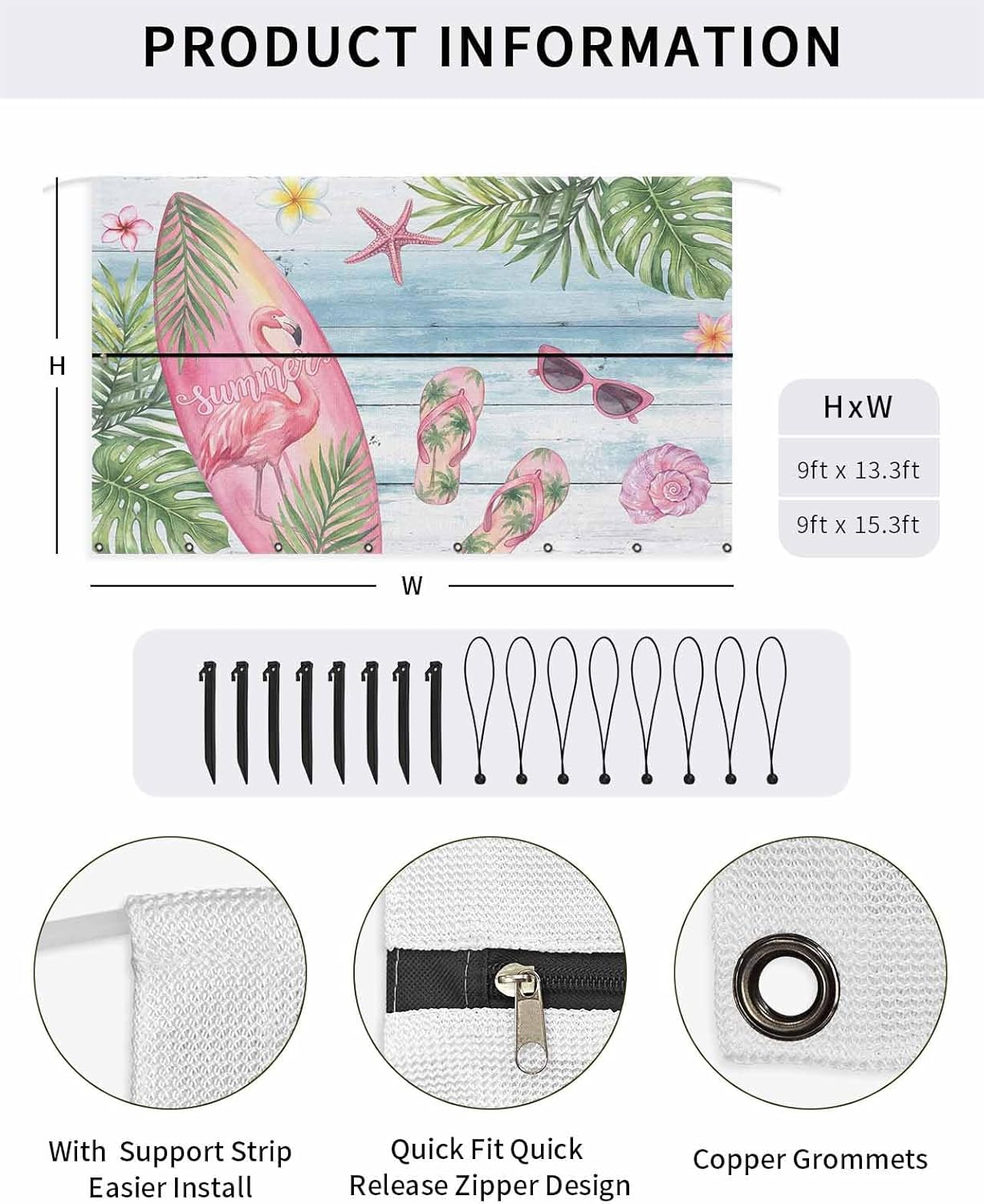 Summer Ocean Pink Surfboard RV Awning Sun Shade Screen with Zipper 9'x13.5' Beach Slippers Flower Palm Leaf Wood Grain Mesh Sunshade UV Blocker Awning Shade Complete Kits for Motorhome Camper Canopy