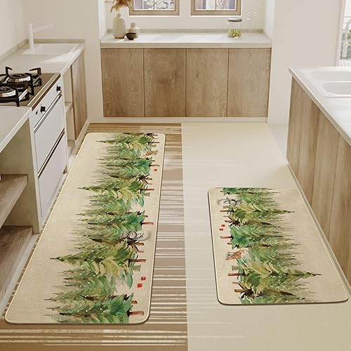 Miniatura 4 de Juego de 2 alfombras y tapetes de cocina de Feliz Navidad, zorro de los pinos, bosque nevado, ciervos, copos de nieve, vacaciones de invierno