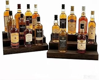 Wine & Liquor Bottle Rack 2 Pack, Holds 24 Bottles, 3-Tier Wooden Liquor Bar Bottle Display Shelf, Countertop Wine Rack Organizer for Whiskey, Bourbon & Alcohol Storage, Rustic Brown