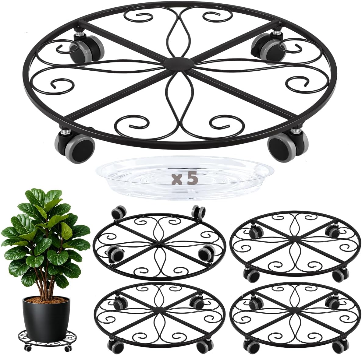 5 Pack Plant Caddy with Wheels Heavy Duty 16 Inch Large Metal Plant Stand with Wheels Plant dolly Rolling Plant Stand Plant Roller with Casters for Indoor and Outdoor with 5 Pack Plant Saucers, Black