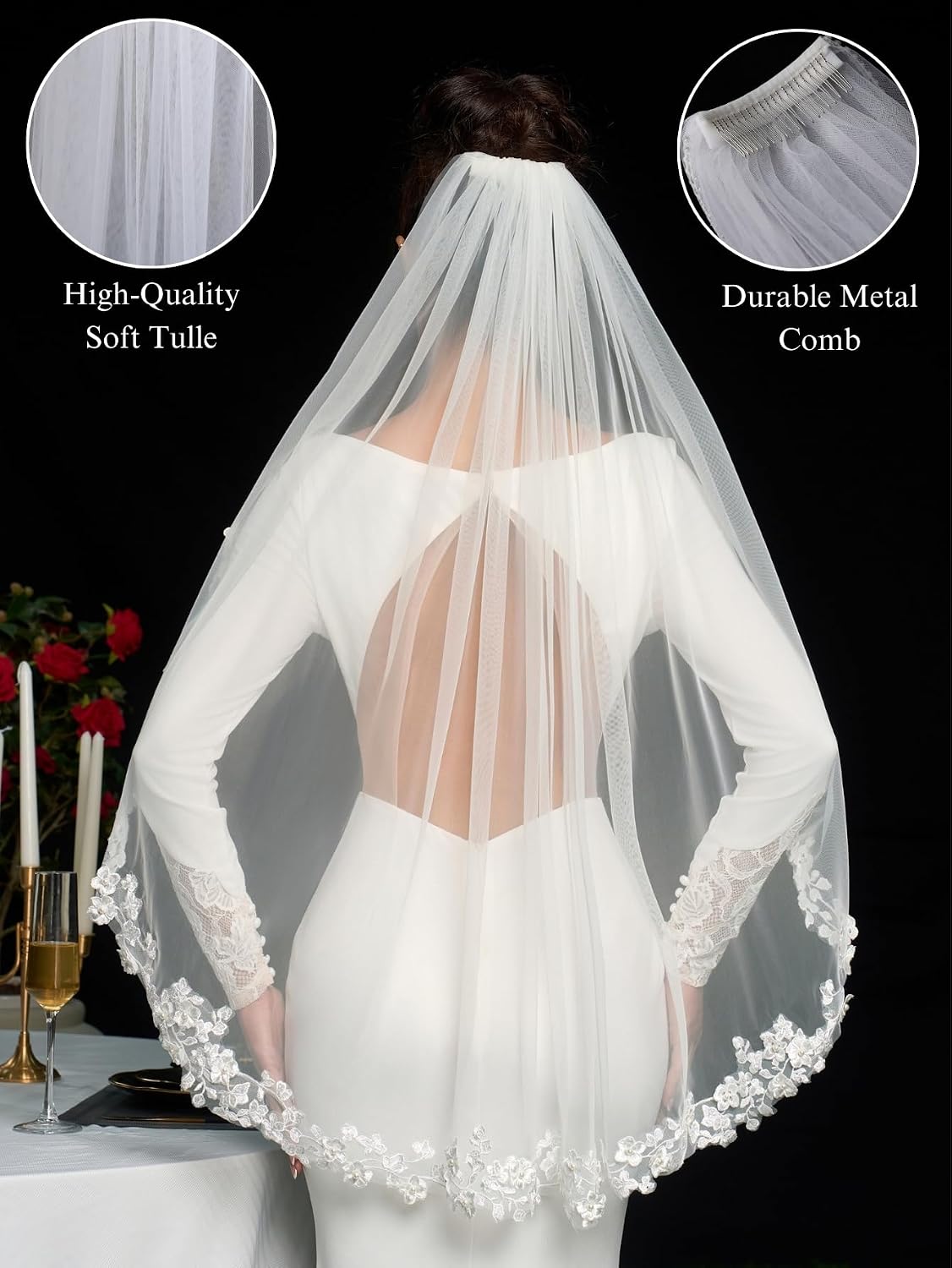 Pearl Fingertip Length Floral Wedding Bridal Veil with Comb