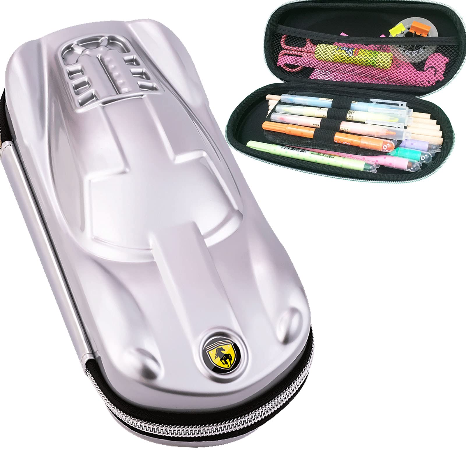 C&W LIFEORIGIN Pencil Case for Boys - Car Pencil Pouch, 3D Waterproof Stationery Box, Cute Pencil Box School Supplies for Elementary School Students Teenagers Kids (Silver)