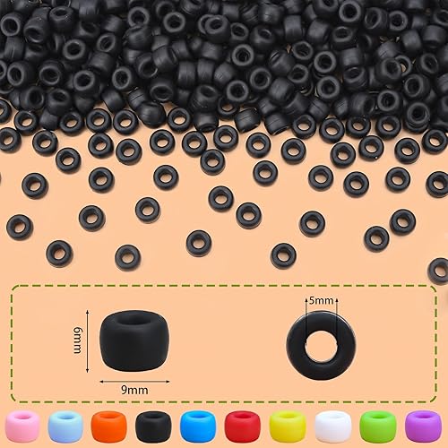 Miniatura 2 de 300 cuentas de silicona para trenzar el cabello, colores negros, 0.236 x 0.354 in, cuentas de foca Kandi suaves para hacer pulseras, bolígrafos,