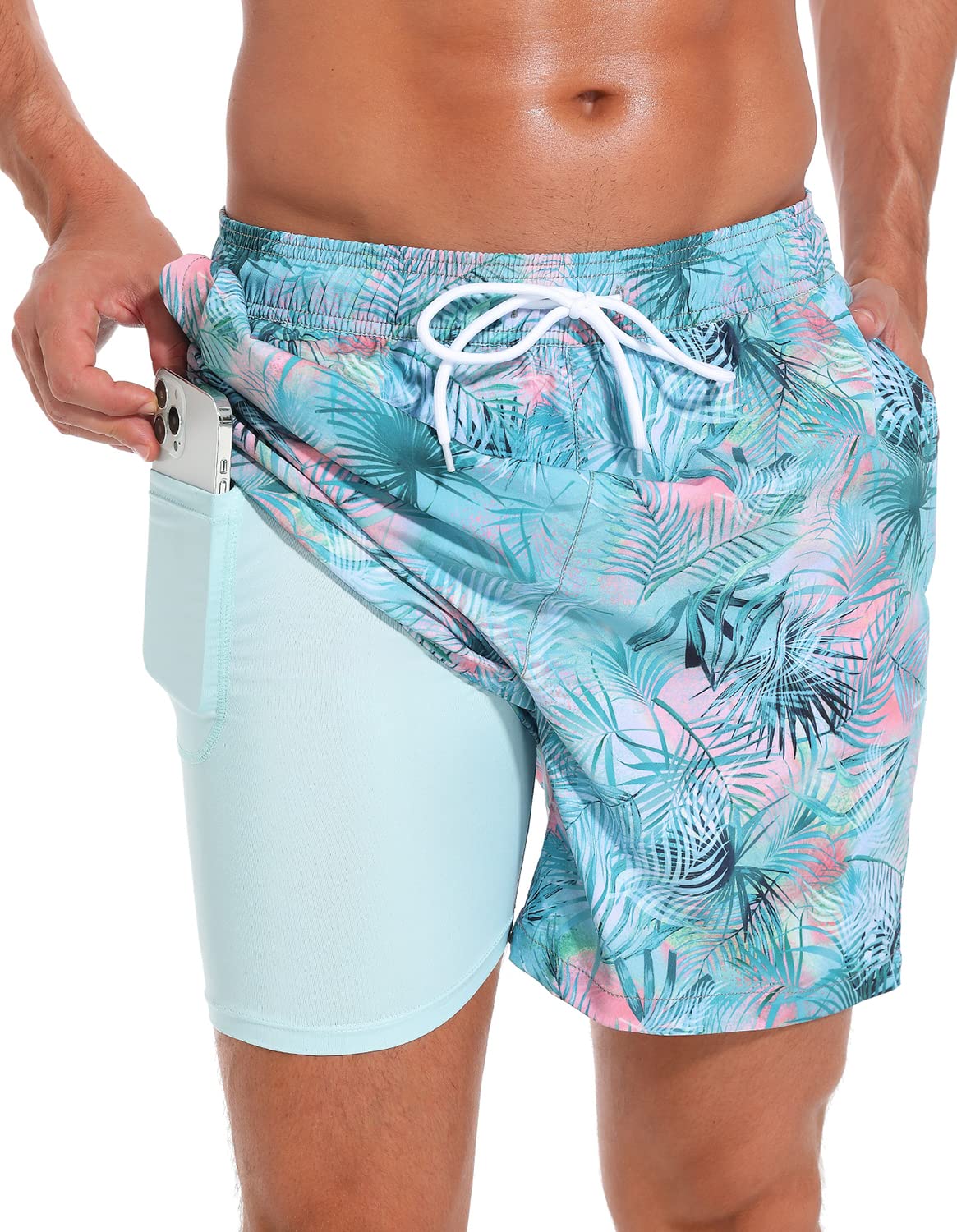 Mens Swimming Trunks with Compression Liner Quick Dry 5 inch Swim Shorts with Zipper Pockets, Sky Blue + Light Cyan Lining, X-Large-image-29