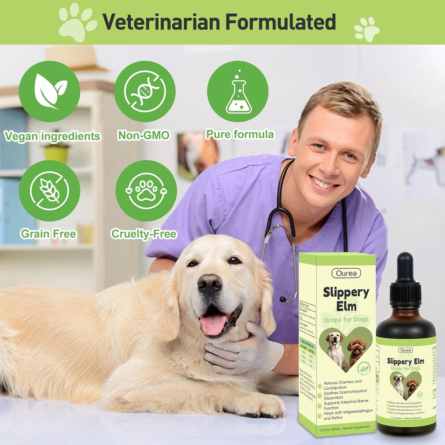 Organic Slippery Elm Drops Dog Digestive Support for Diarrhea Constipation Sensitive Stomach All Breeds