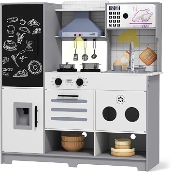 Kids Wooden Play Kitchen, Large Pretend Role Play Toy Kitchen Realistic | Sounds & Light, Recycling Tap, Chalkboard, Ice Maker, Stove, Hood, Oven, Children Cooking Playset for Toddlers 3+ Boy Girl