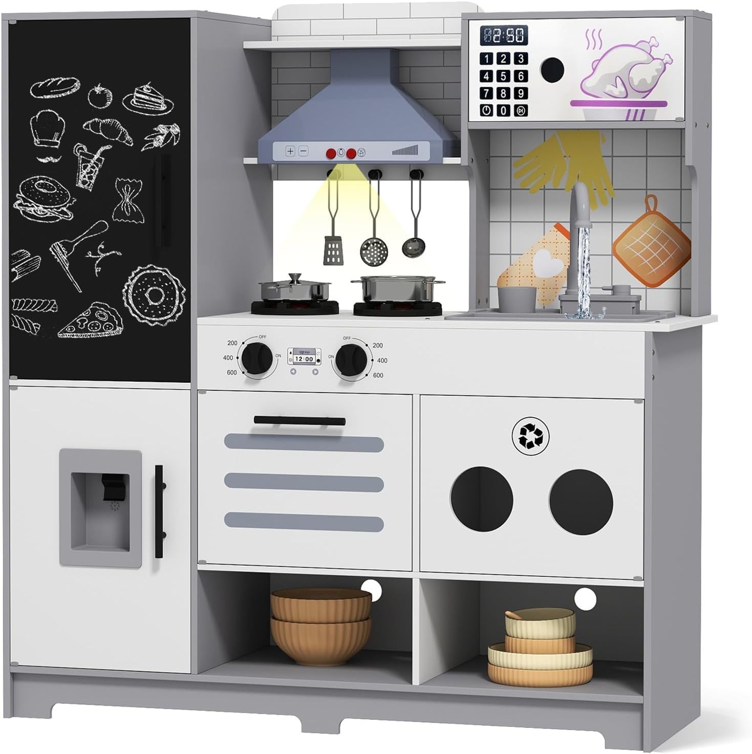 Kids Wooden Play Kitchen, Large Pretend Role Play Toy Kitchen with Sounds & Light, Recycling Tap, Chalkboard, Ice Maker, Stove, Hood, Oven, Storage, Children Cooking Playset for Toddlers 3+ Boy Girl โ image 1