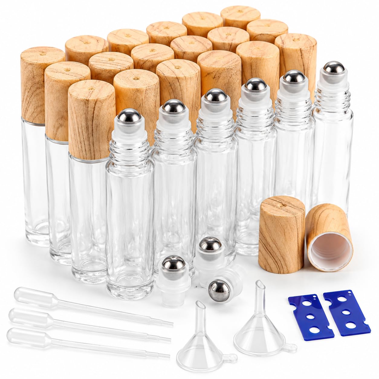 CYEER 24 Flacons Roll On Vide 10ml, Bouteilles en Verre Transparent avec Billes en Acier Inox et Bouchons Aspect Bois, Kit DIY pour Huiles Essentielles, Parfum, Aromathérapie et Voyage