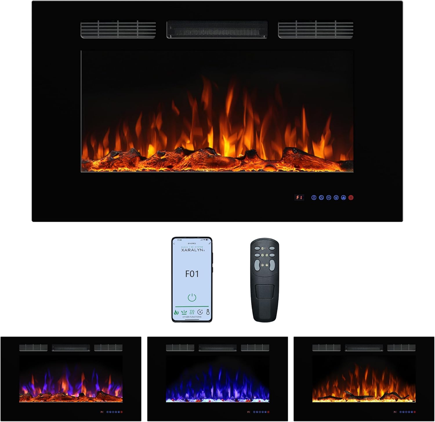 Electric Fireplace 36inches, Wall-Mounted & Recessed Fireplace Inserts, Multicolor Flame w/5 Dimmer, Remote Control Thermostat, Timer, Overheating Protection, Hardwire Connect, 1500W,Black