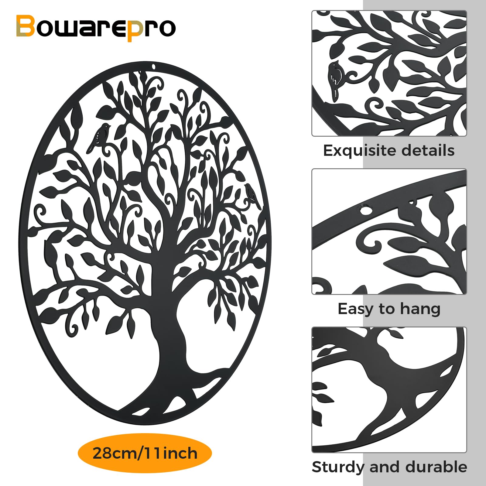 Décoration Murale Arbre De Vie Bowarepro - Métal Noir 28x28 Cm Pour Intérieur/Extérieur