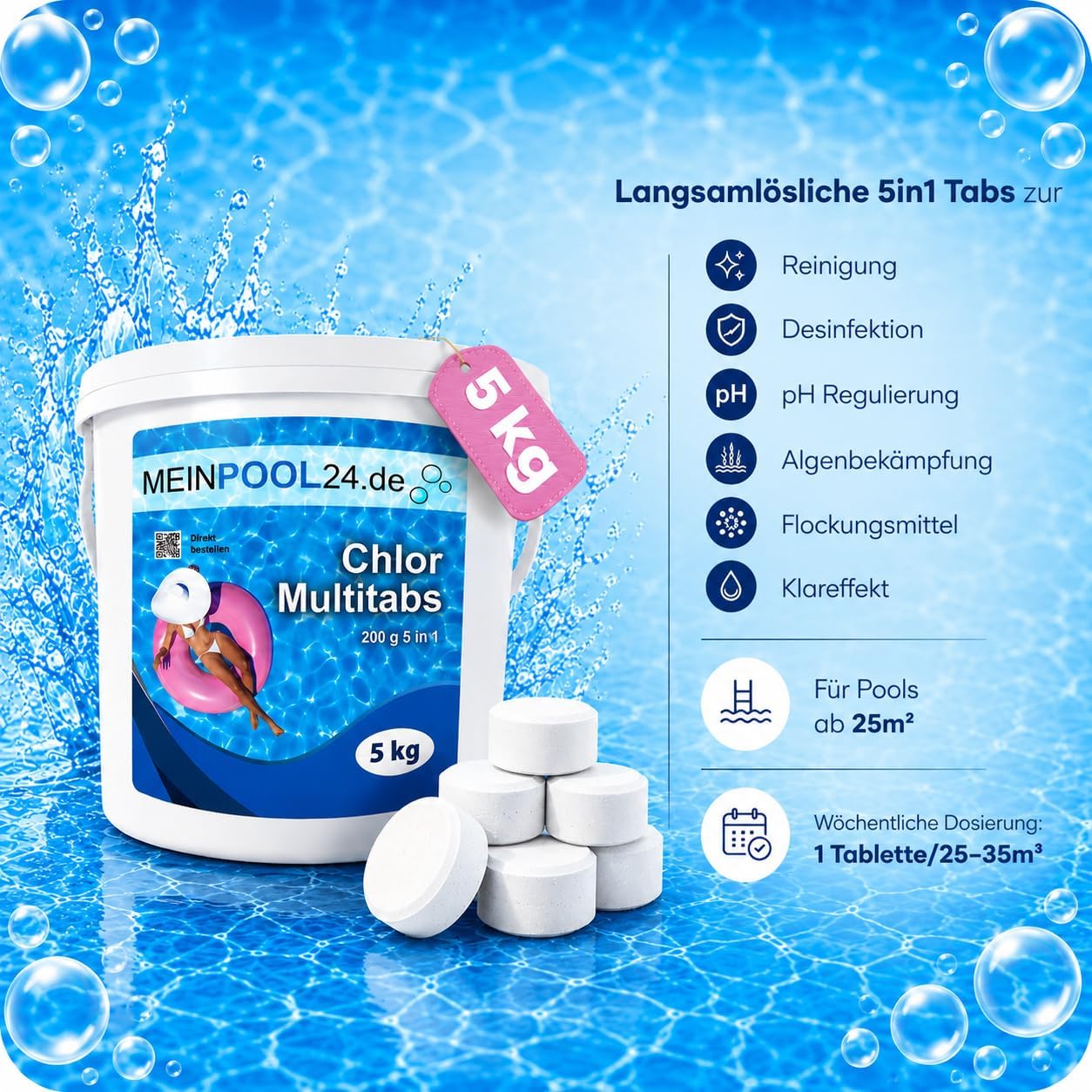 5 kg MEINPOOL24.DE Chlor Multitabs 5 in 1-200 g Tabs Multi Chlortabletten - 5 Phasenwirkung für sichere und saubere Poolpflege - hygienisches Poolwasser - Made in Europe - für kristallklares Wasser