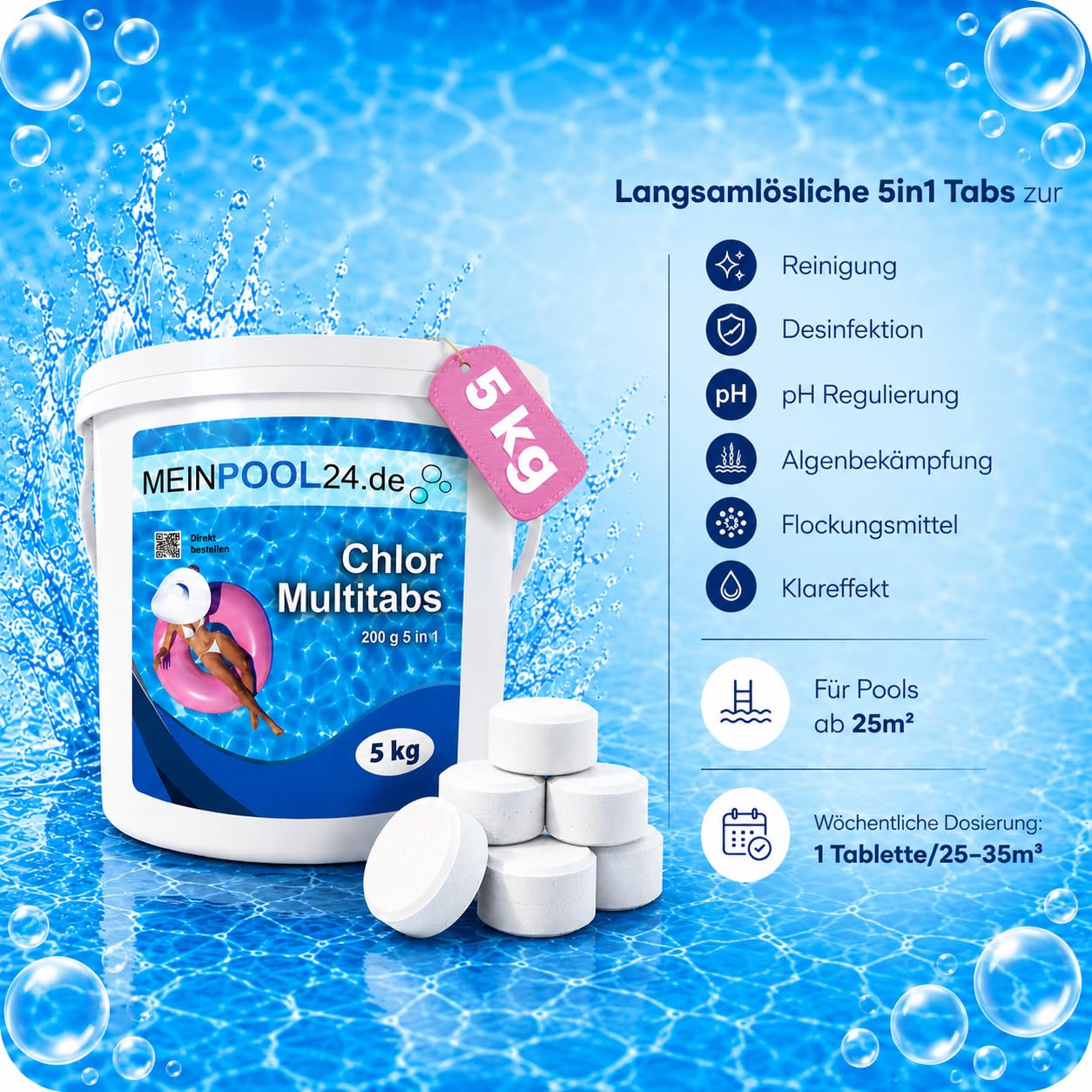 5 kg MEINPOOL24.DE Chlor Multitabs 5 in 1-200 g Tabs Multi Chlortabletten - 5 Phasenwirkung für sichere und saubere Poolpflege - hygienisches Poolwasser - Made in Europe - für kristallklares Wasser