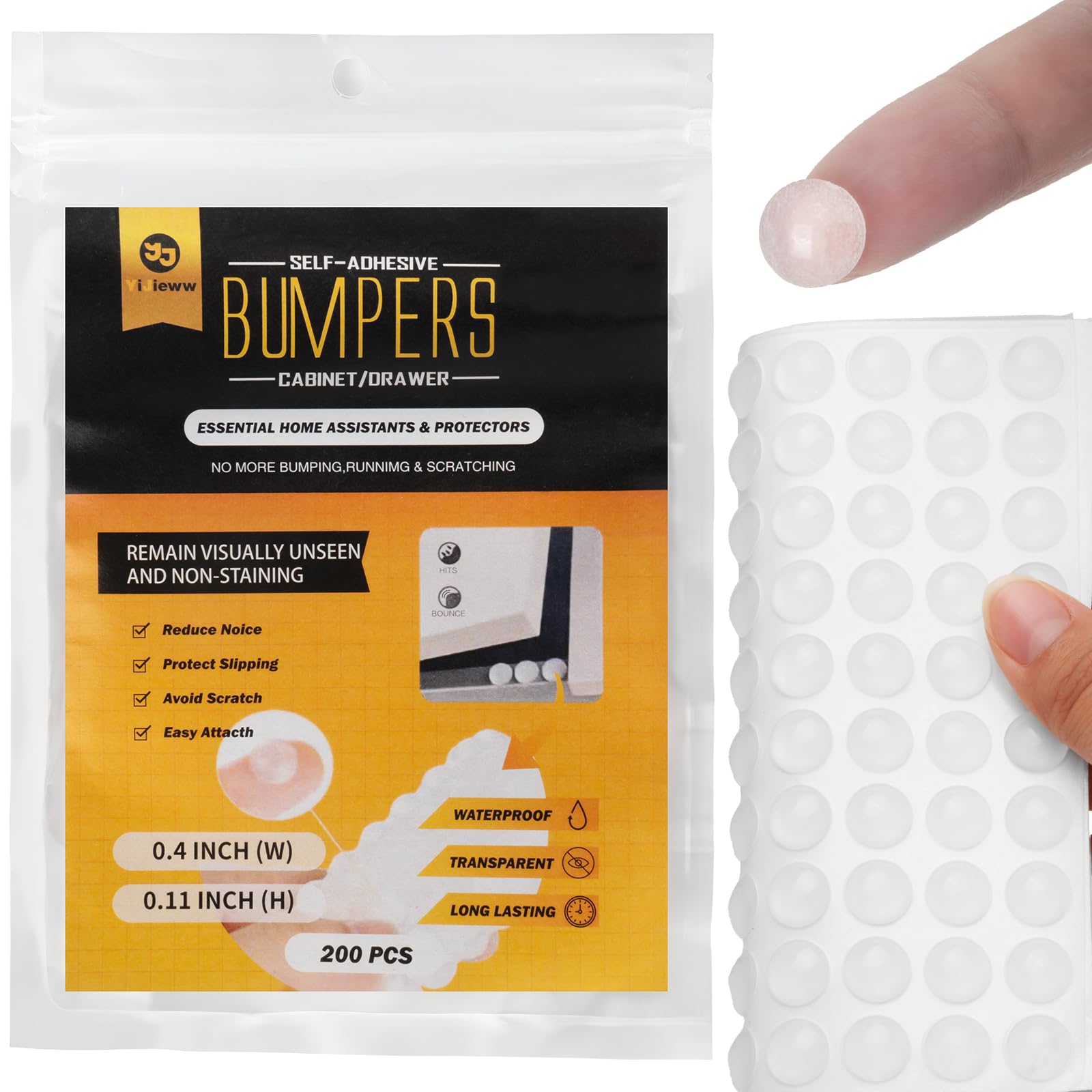 Yijieww 200PCS Cabinet Door Bumpers, Sound Dampening Bumpers Self Adhesive, Pads for Cabinet Doors, Drawers, Glass Tops, Picture Frames, Cutting