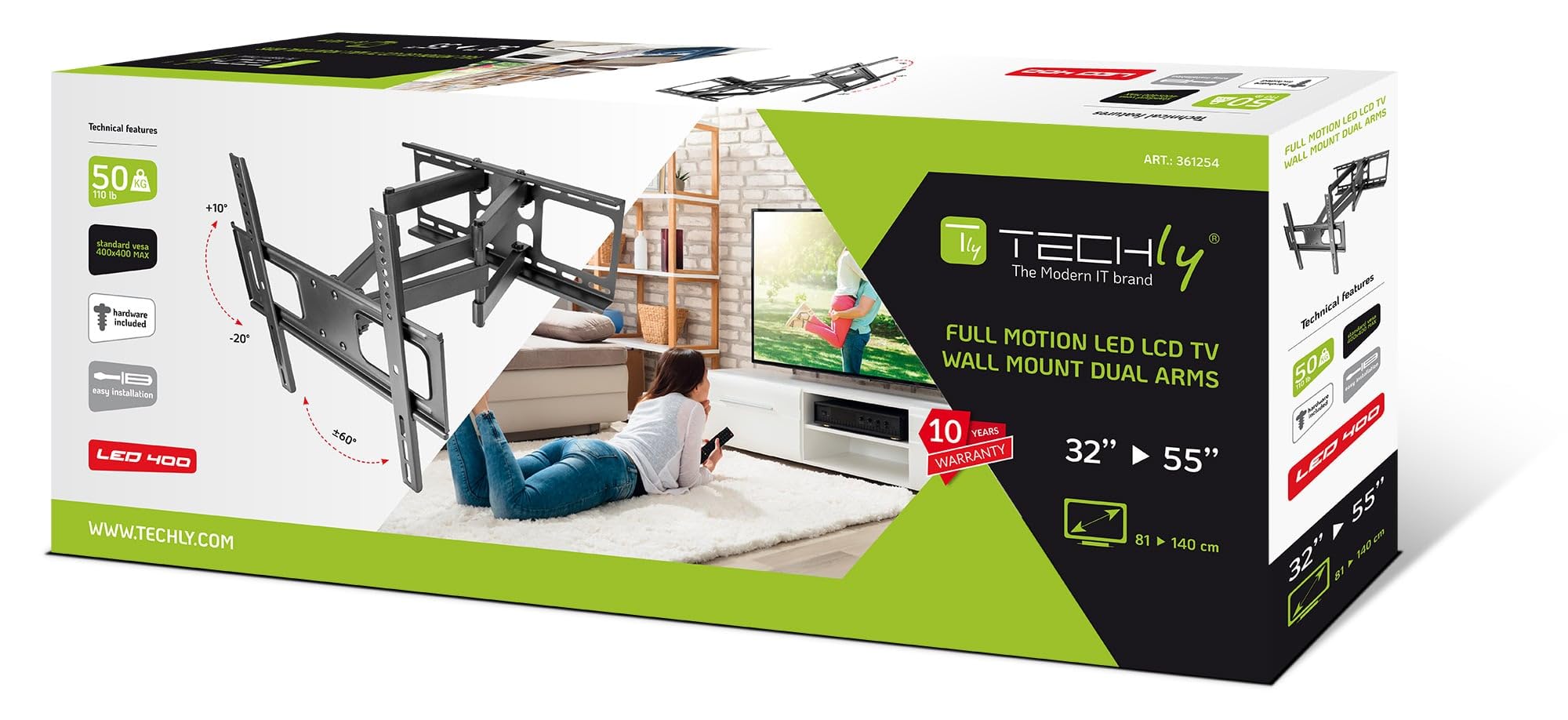 Techly 361254 Staffa da Muro con Doppio Braccio per TV LED/LCD 32-55" Nero