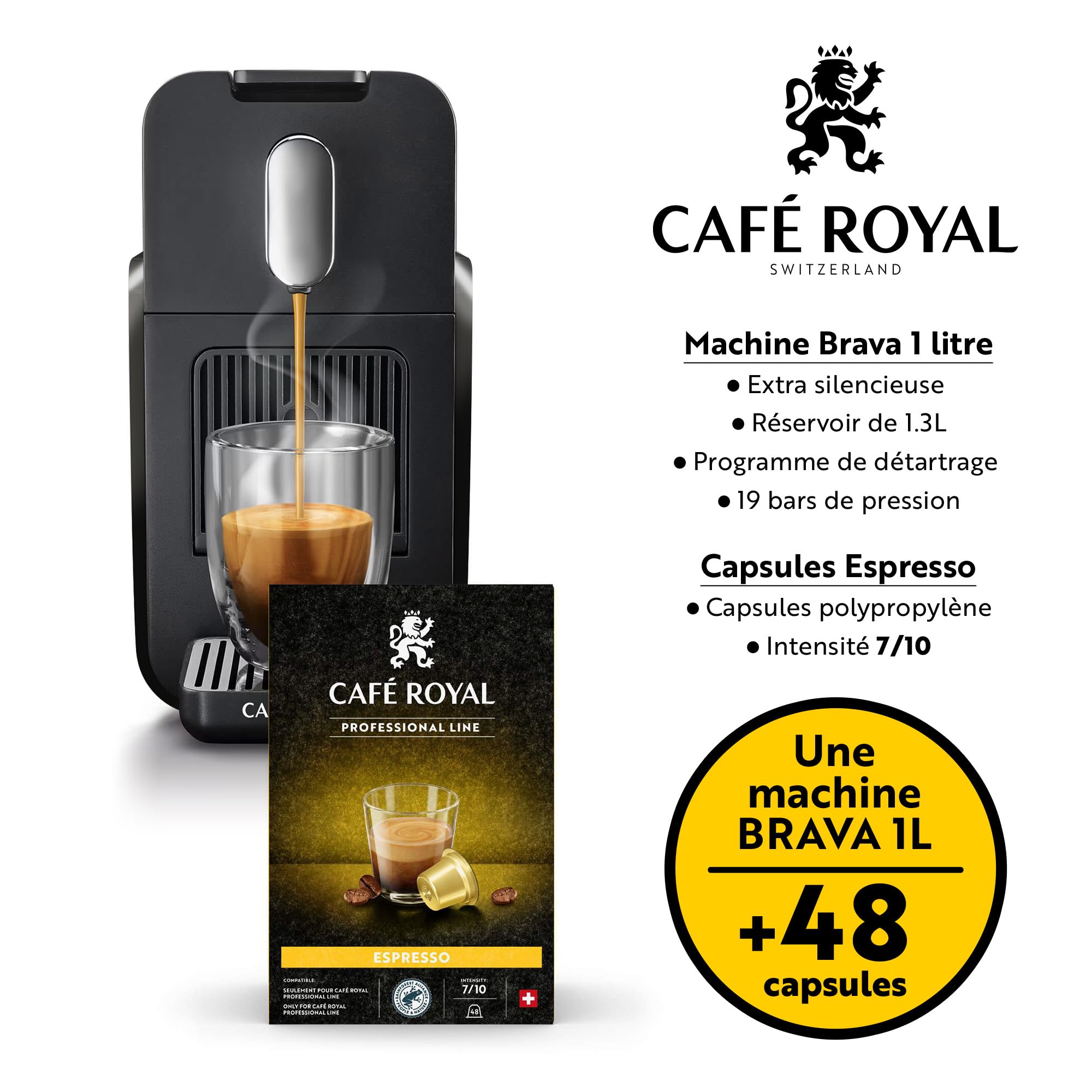 Café Royal Pro | Machine à Café BRAVA | Compatible avec Capsules Machine Pro Uniquement | Bureau & Entreprise | Ristretto, Espresso & Lungo Programmables | Prête en 15 sec | 48 Capsules Offertes