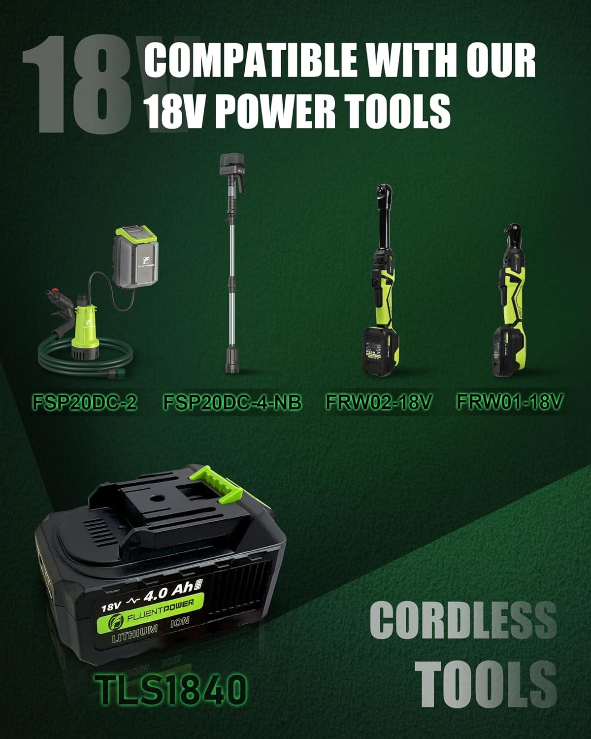 FLUENTPOWER 18V MAX 4.0Ah Lithium-Ion Battery Replacement Cordless Pump FSP20DC-2, FSP20DC-4-NB and Ratchet Wrench FRW01-18V, FRW02-18V, Black - Image 6