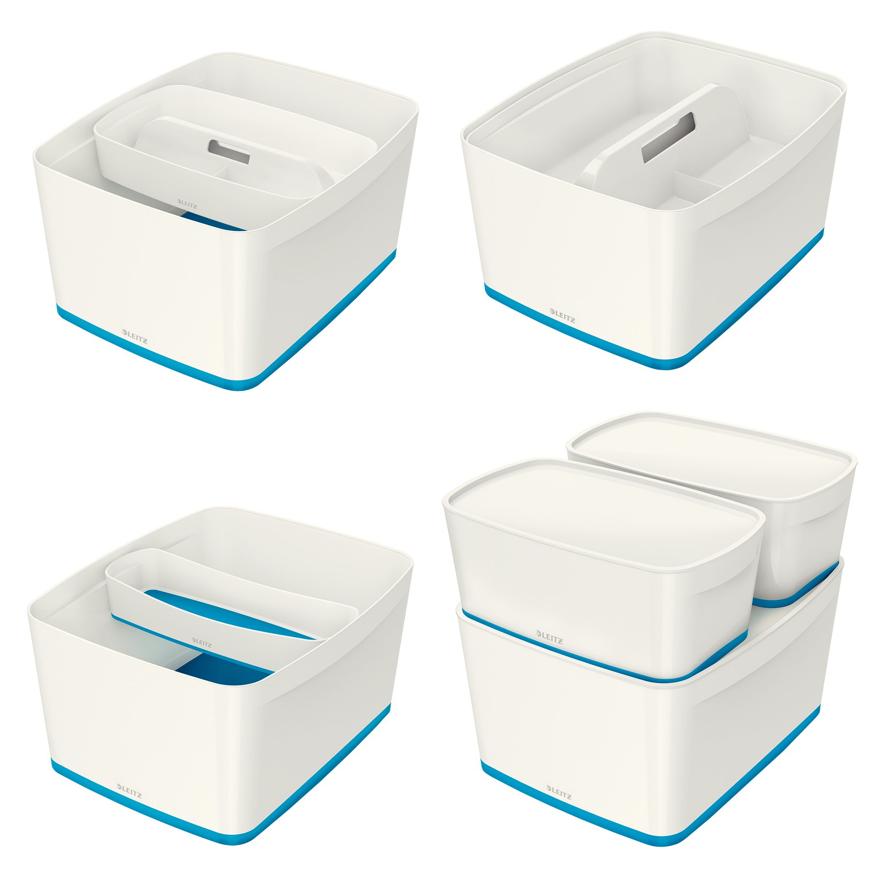 Leitz MyBox Grande con tapa, Caja de almacenaje para casa o la oficina, 18 litros, A4, Blanco/Azul metalizado, Plástico brillante, 52161036