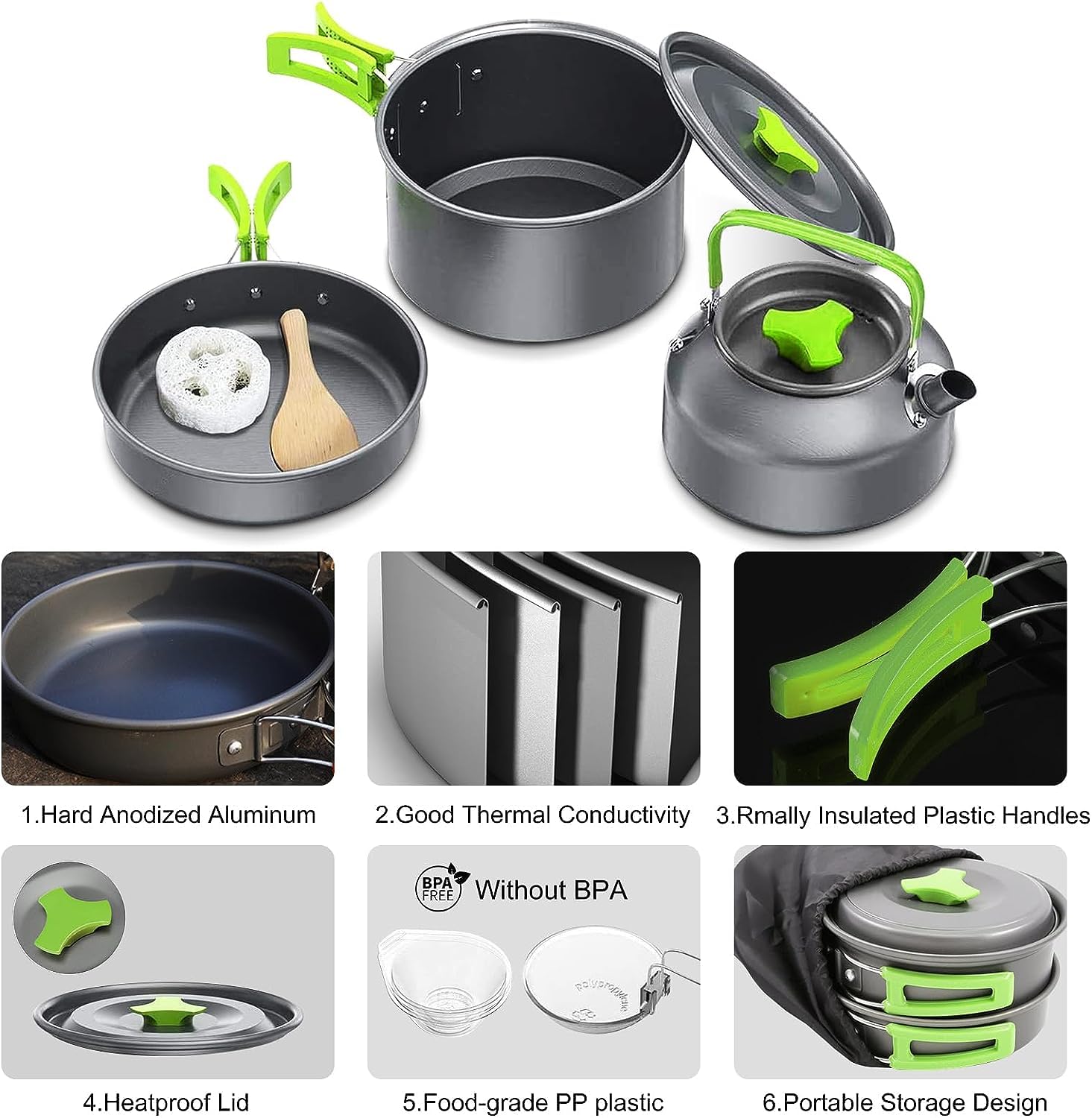Set Pentole da Campeggio,2-3 Persone Set Stoviglie Campeggio,Portatile Ultraleggero 14-in-1 Kit Camping Cookware con Padelle Piatti Ciotole per Cucina per Barbecue,Campeggio, Arrampicata,Trekking