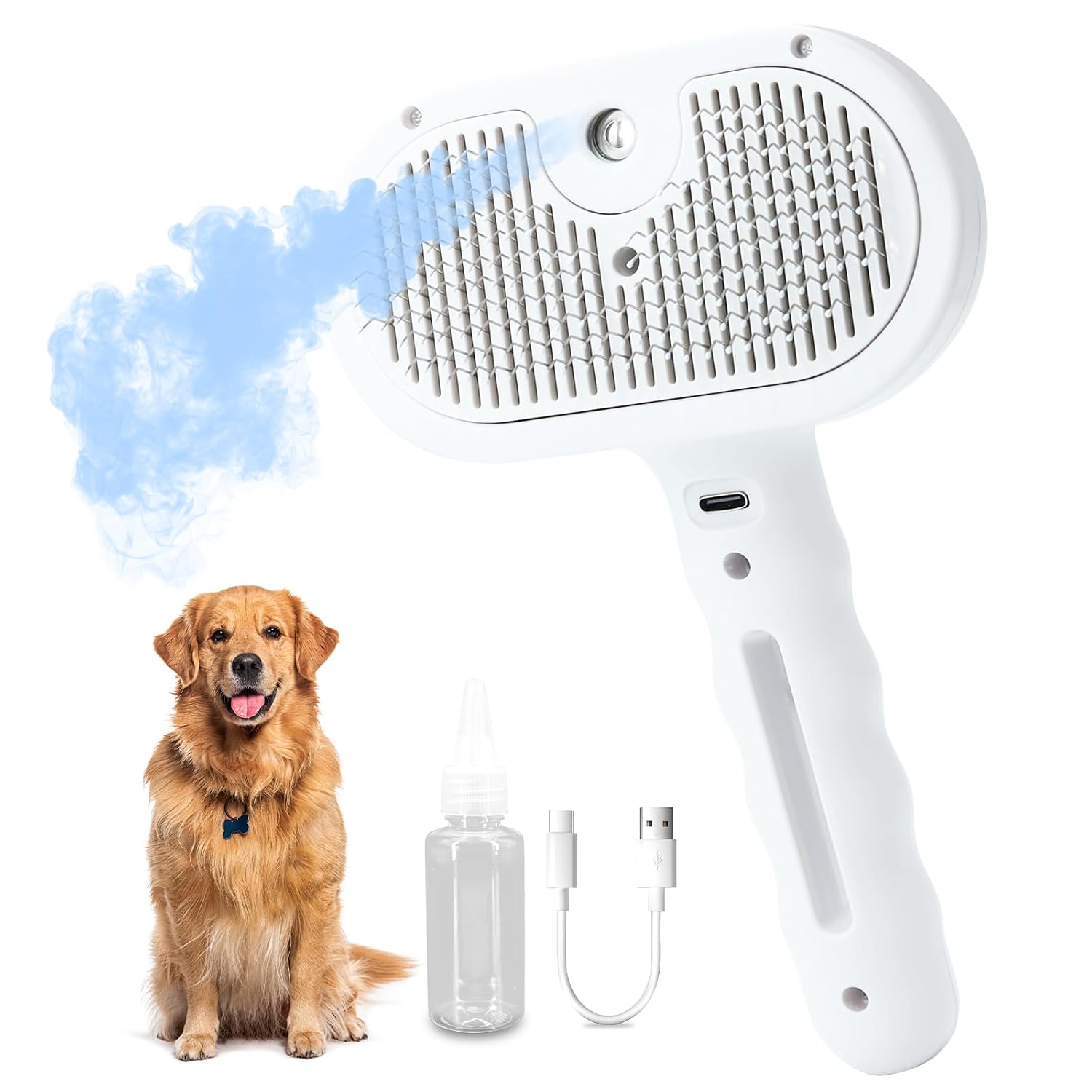 Steam Dog Brush for Shedding & Grooming - Self-Cleaning Deshedding Brush with Spritz Function, Slicker Pet Spray Hair Removal Comb | Defurring Tool for Long and Short Haired Dogs Cats (White)