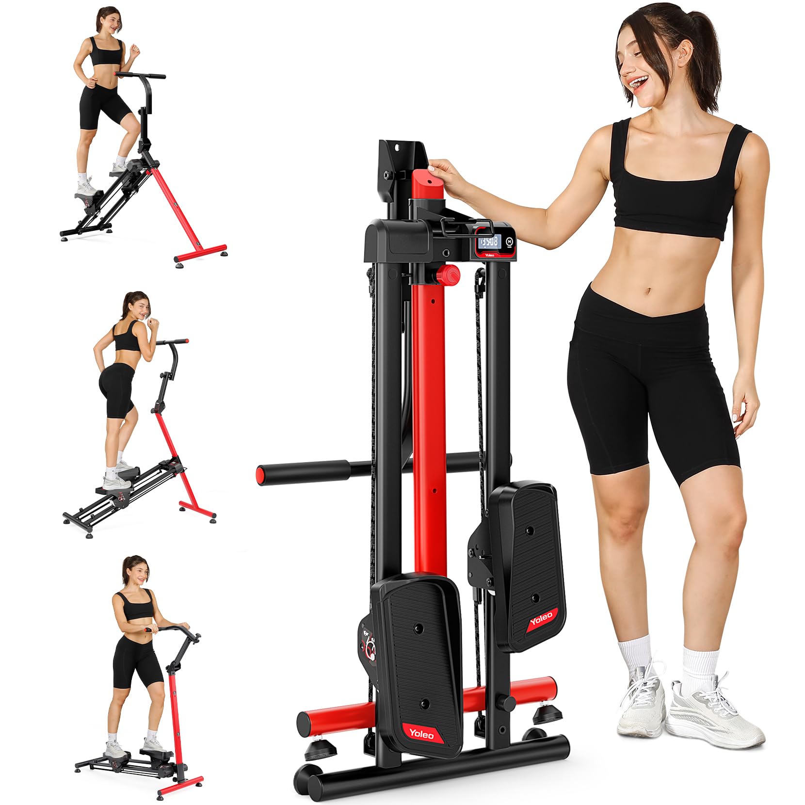 Treppenstepper Trainingsgerät, Verstellbarer Treppensteiger mit 3 Workout-Modi, klappbarer Cardio-Stairmaster mit Ski-Modus & übergroßem Pedal, 90% vormontierter Treppensteiger mit Lenker
