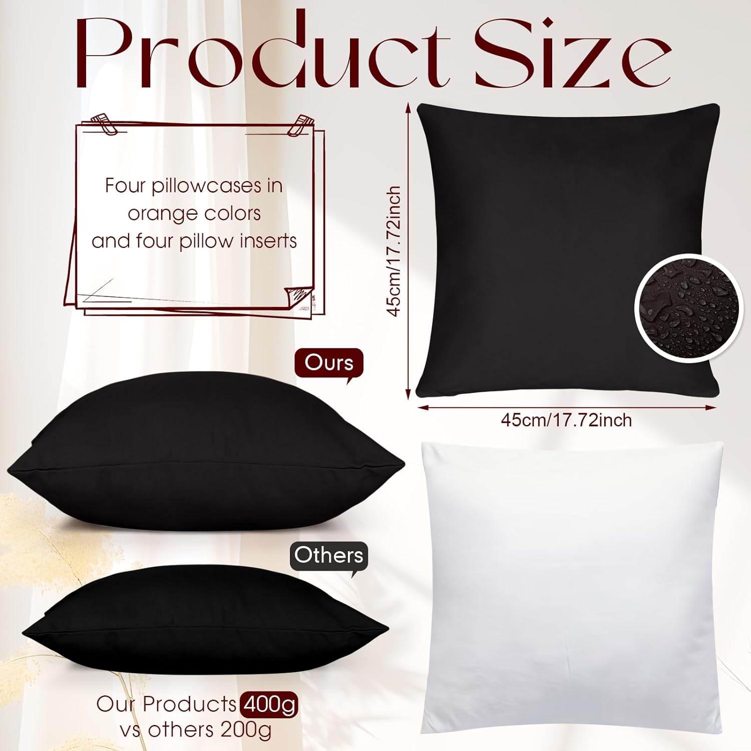 4 Set Waterproof Black Outdoor Throw Pillow Covers with 4 Pillow Inserts 18x18 Inch Decorative Waterproof Throw Cushion for Sofa Couch Home Patio - Image 4