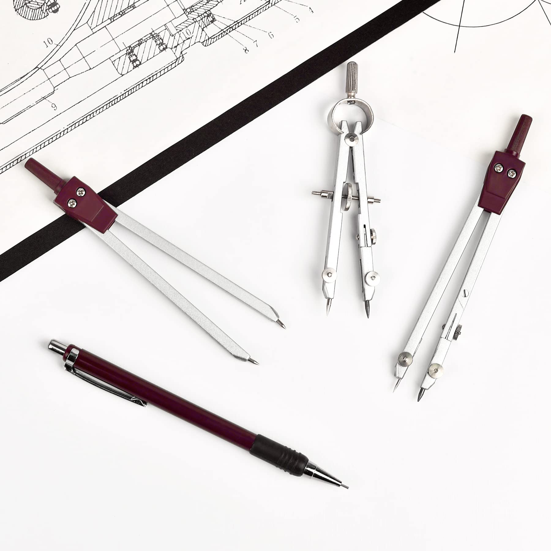 Juego de geometría - Brújula de metal y herramientas de dibujo, instrumentos de precisión para estudiantes e ingenieros, incluye caja de almacenamiento inastillable, ideal para dibujo circular y