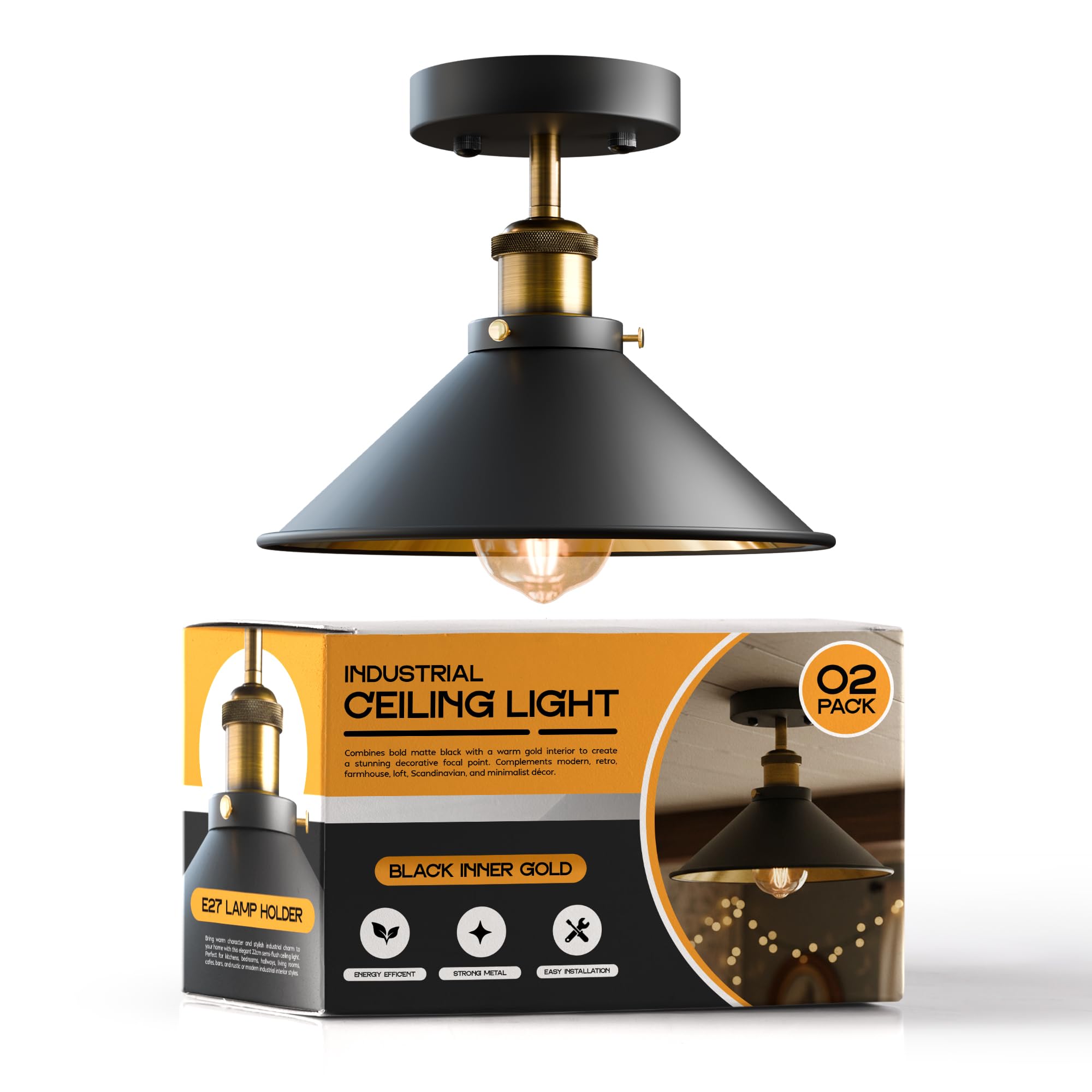 Industrial Semi Flush Ceiling Light 22cm Conical Black With Gold Shade E27 Vintage Metal Lamp Fitting Retro Ceiling Lighting for Kitchen Bedroom Hallway Easy Fit Anti Rust and Durable (Black 2 Pack)