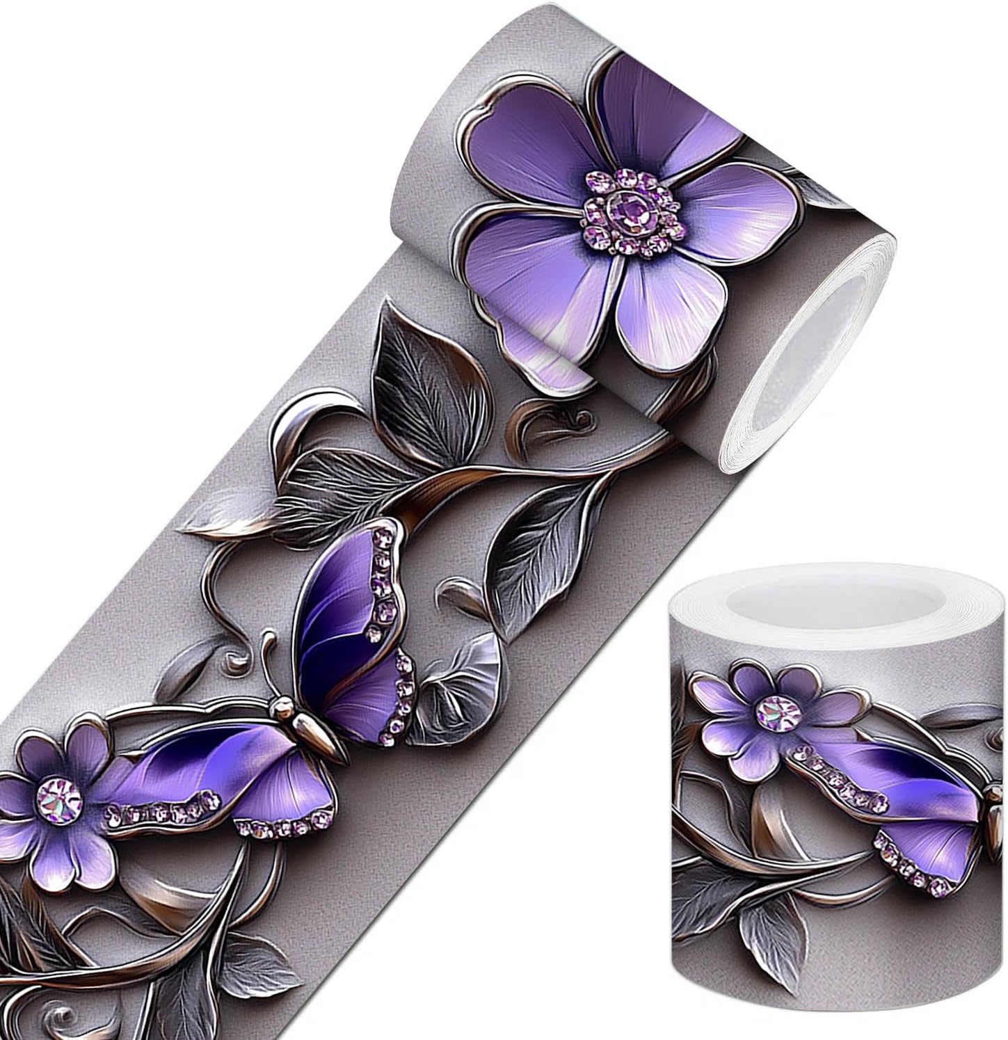 IVN Purple Butterfly Flower Peel and Stick Wallpaper Border 4 x 196 Inch Self Adhesive Removable Wall Trim Vinyl Border for Bathroom Kitchen Bedroom Bathroom Easy Install Decorative Wall Edge Accent