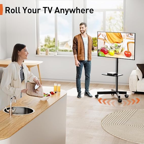 Perlegear Rolling TV Stand for 23-60 Inch LED Flat Screen/Curved TVs up to 88lbs,Mobile TV Stand Wheels with Height Adjustable Portable Rolling TV Cart Max VESA 400x400mm,PGTVMC06