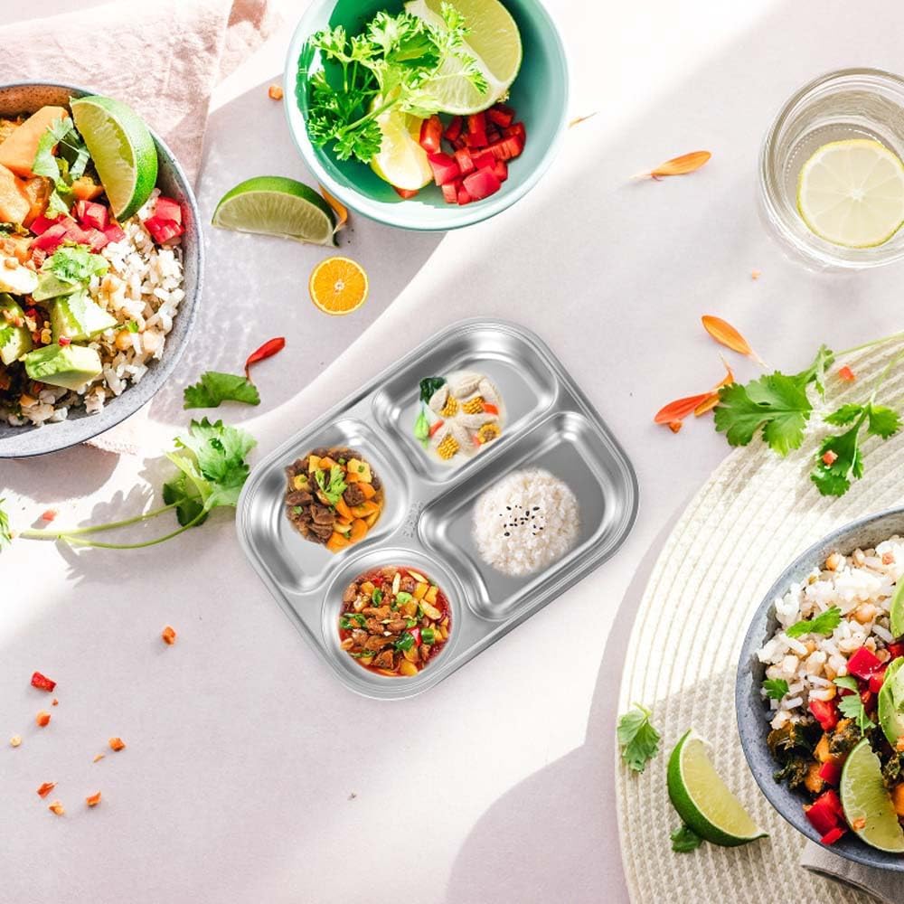 2 Pack Stainless Steel Rectangular Divided Plates Tray,4 Sections Serving Dinner Plates for Adults,Picky Eaters,Campers,Diet Food Portion Control lunch tray - Image 5