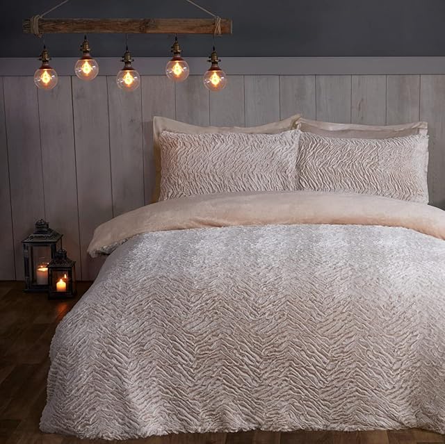 Sleepdown Textured Two Tone Faux Fur Fleece Thermal Warm Cosy Super Soft Duvet Cover Quilt Bedding Set with Pillow Case - Single (135cm x 200cm) - Natural