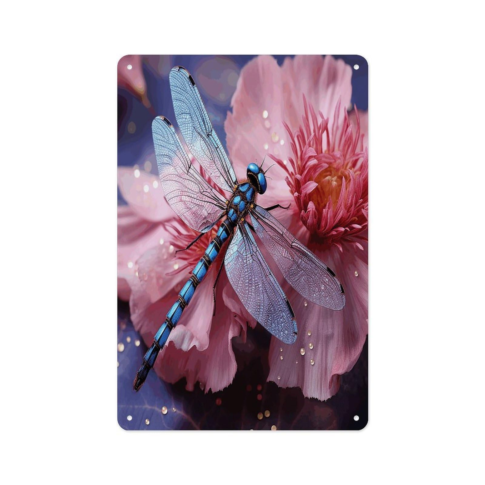 Fekiloot Style Pink Flower And Blue Dragonfly Wall Decor Metal Signs Tin Signs Poster