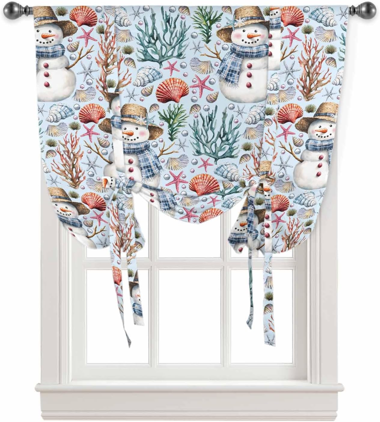 Christmas Coastal Snowman Tie Up Curtain for Window Blackout Balloon Valance Curtain for Bathroom Winter Ocean Xmas Coral Blue Adjustable Window Shade for Kitchen Living Room Bedroom 52"Wx63"L