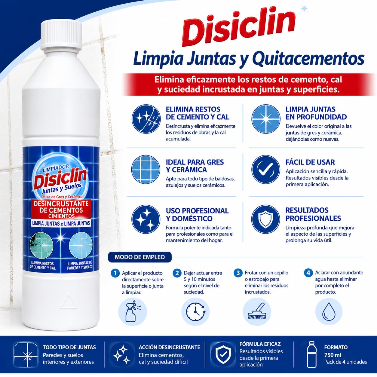 RASMACOR | Disclin Limpia Juntas y Quitacementos 750 ml | Pack 12 Unidades | Limpiador para Juntas de Gres y Cerámica