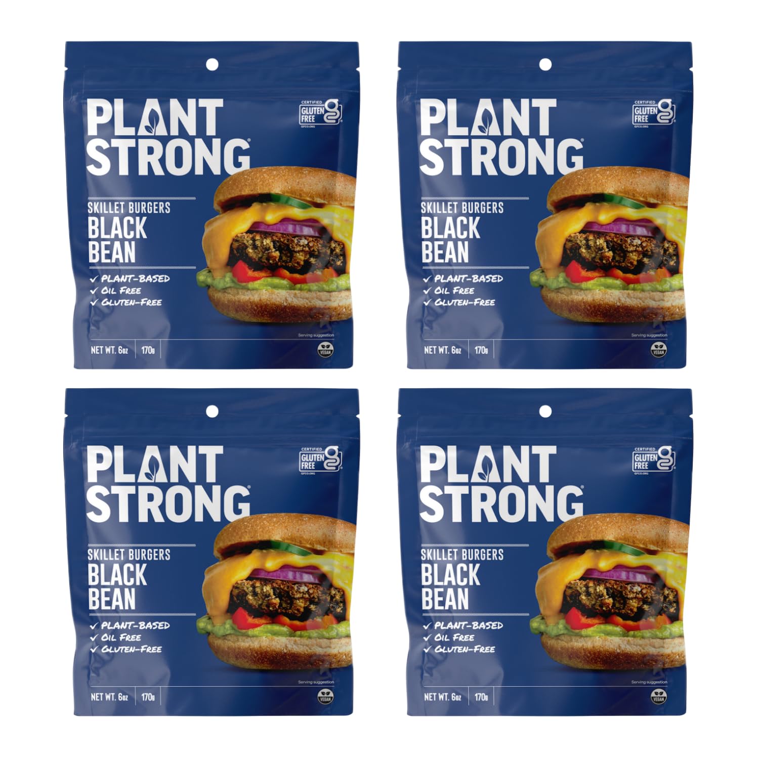 PLANTSTRONG Black Bean Skillet Burger Mix, Plant-Based Patty Mix with Oats, Seeds & Spices, Gluten Free, Oil-Free, Just Add Water, Pan Fry/Bake/Air Fry, 4-Pack (6 oz Bags)