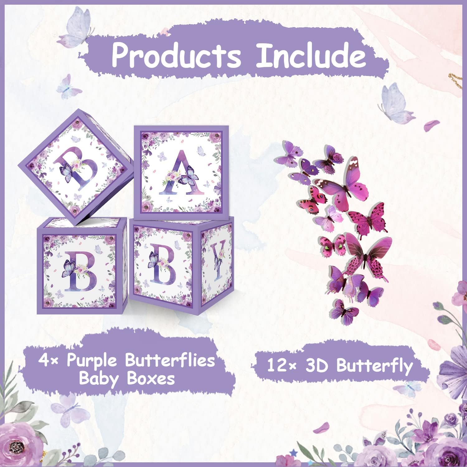 TSVATE Purple Butterfly Floral Baby Shower Boxes Decorations - 4 Baby Shower Centerpiece Boxes Gender Reveal First Birthday Centerpiece Decors (Without Flowers)