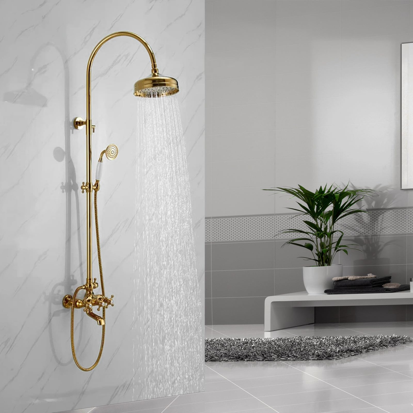 ASerZenith Large Shower Shower Set Golden Shower Hot Water Waterfall Antique Copper Top Spray Full Copper Set European Sanitary Ware(9023 Titanium Gold)